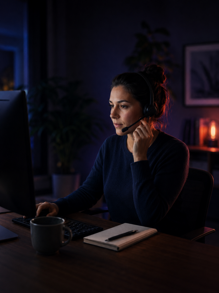Customer service agent with a headset at a home office desk handling inbound customer contacts