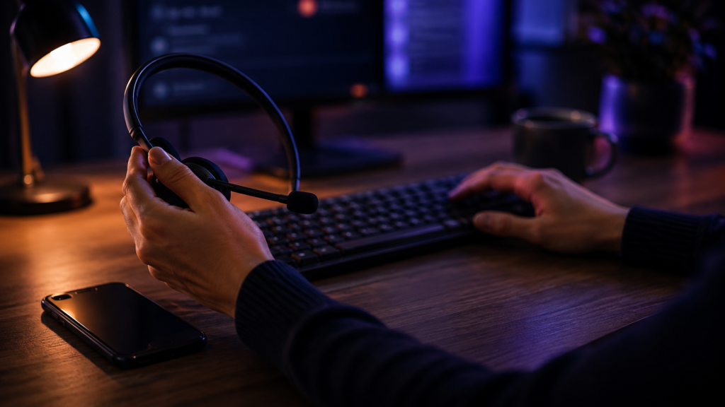 Close up of a workstation with headset, keyboard and smartphone for calls, chat and email