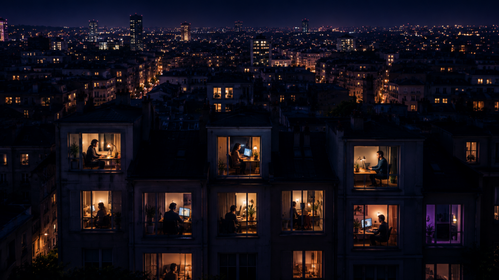 City at night with many lit workspaces, illustrating capacity that can be scaled up flexibly