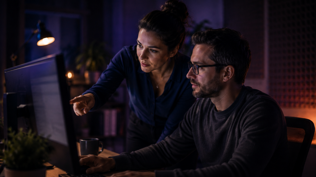 Two people reviewing quality metrics of a customer service programme on screen