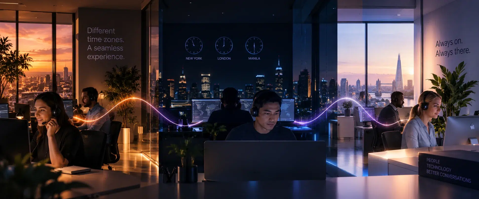 Cinematic representation of a continuous customer service operation across different times of day