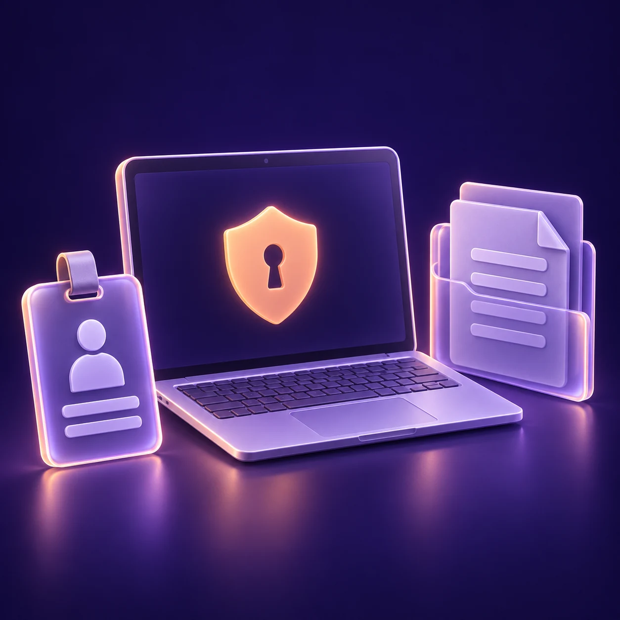 Illustration of an access pass, a protected workstation and customer records.