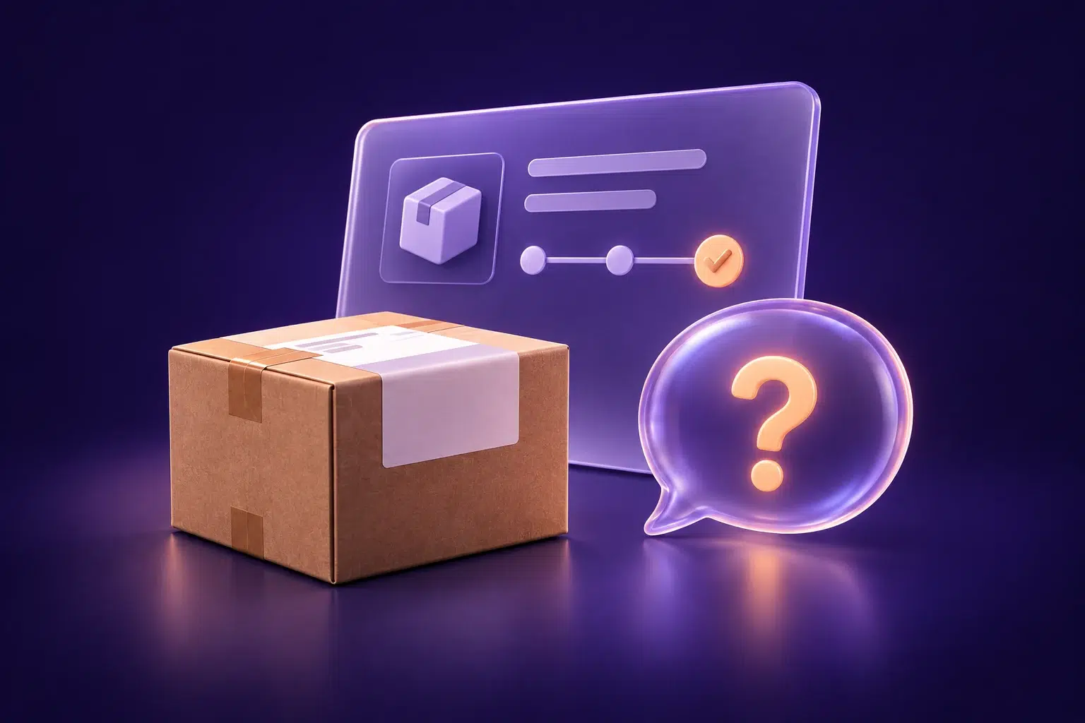 Illustration of a delivery record marked complete alongside a parcel and an unanswered customer question.