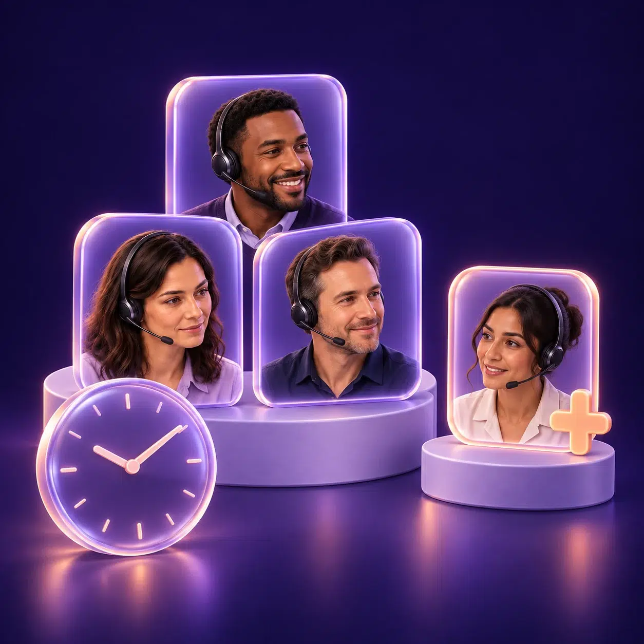 Illustration of a core service team, an additional team member and a clock.