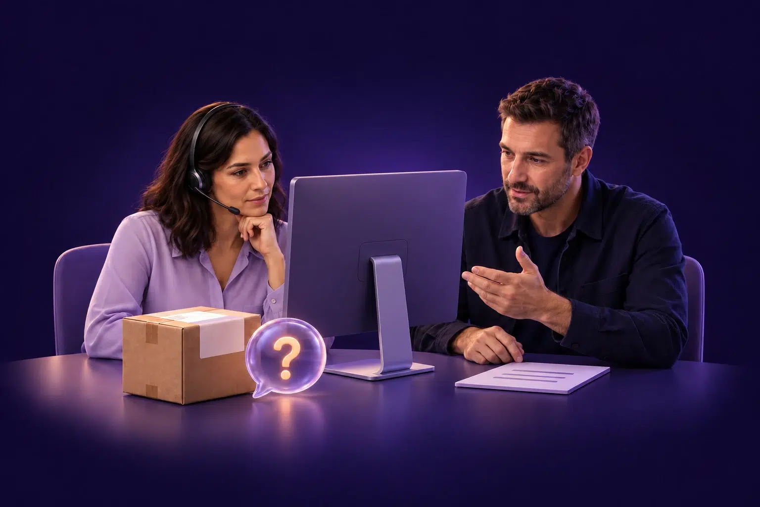 Illustration of a customer service specialist and a reviewer assessing a delivery enquiry together.