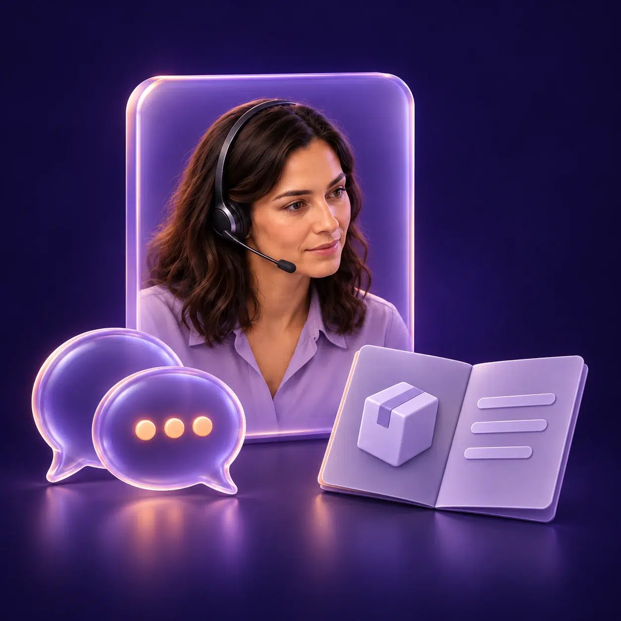 Agent portrait with product-learning material and practice conversation symbols.