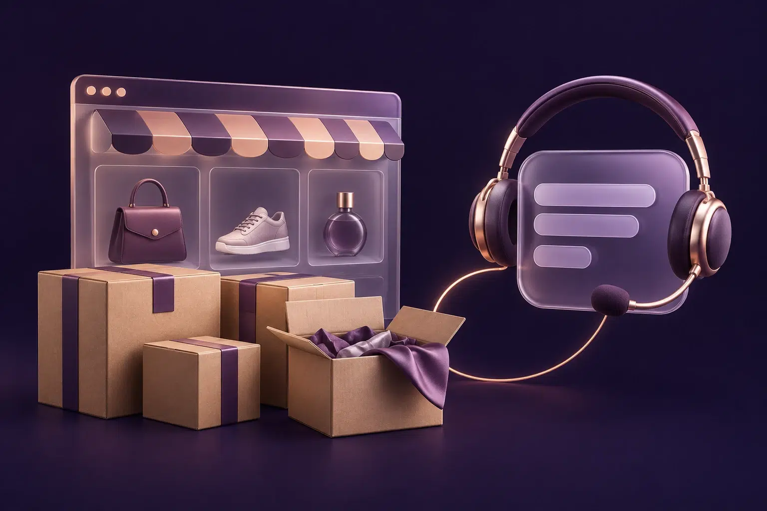 Illustrative online shop, delivery parcels and support headset showing ecommerce customer enquiries.