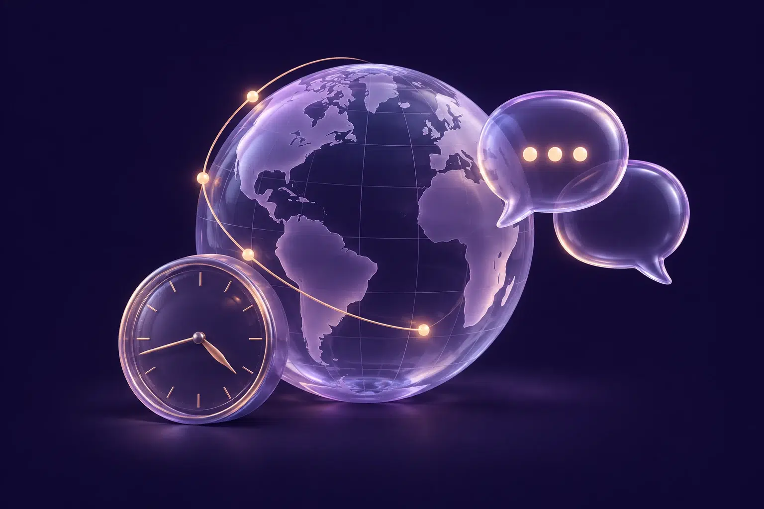Illustrative globe, clock and speech bubbles connecting international talent, service hours and languages.