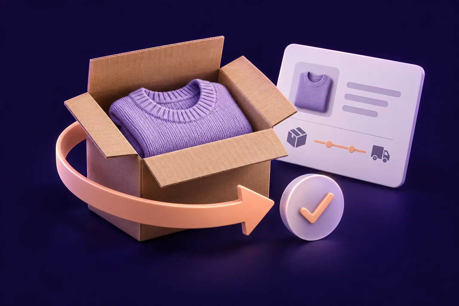 Parcel containing a jumper beside an order card and return arrow, illustrating order and returns support.