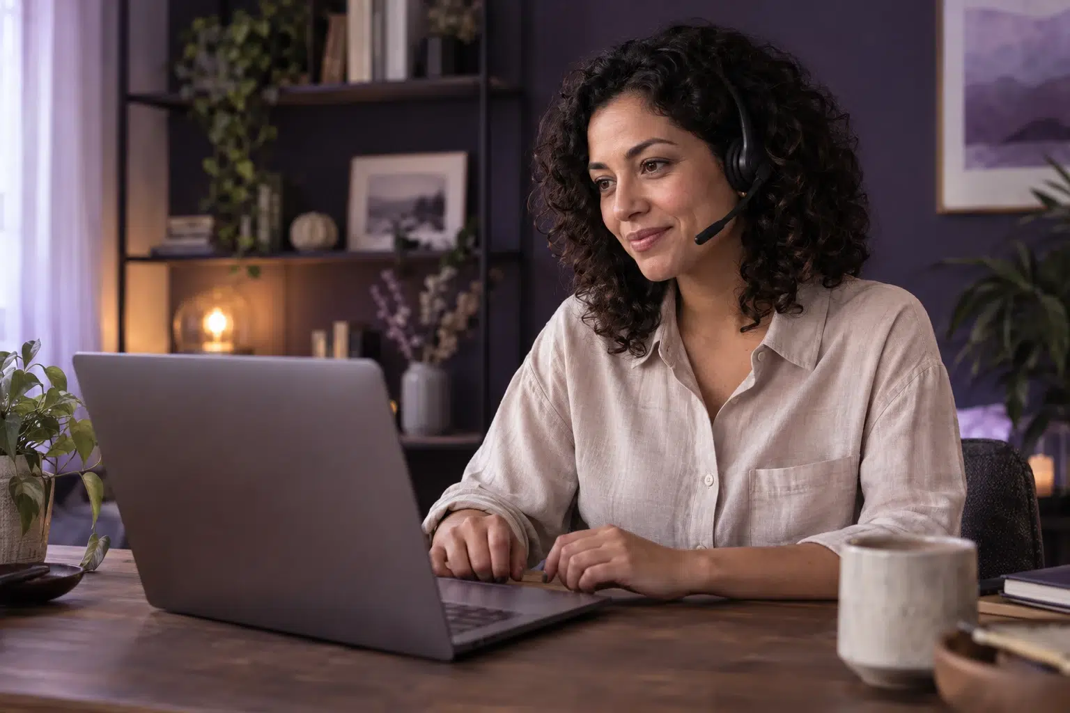 Illustrative customer service professional listening through a headset in a home workspace.