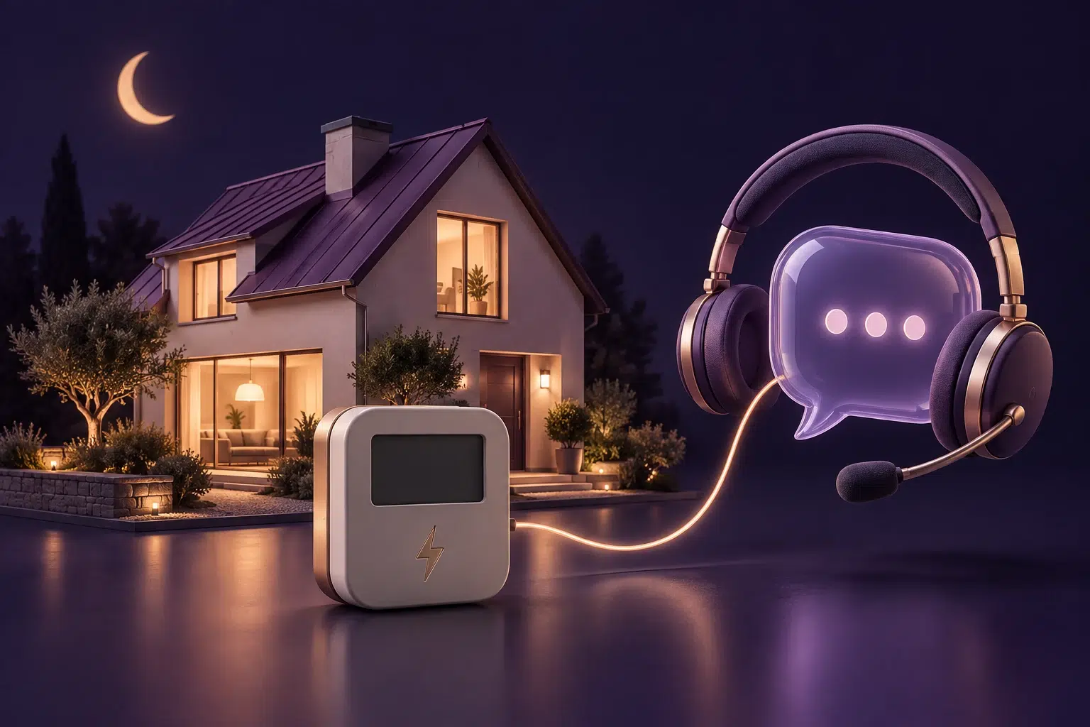 Illustrative home, energy meter and support headset at night showing utility customer care outside daytime hours.