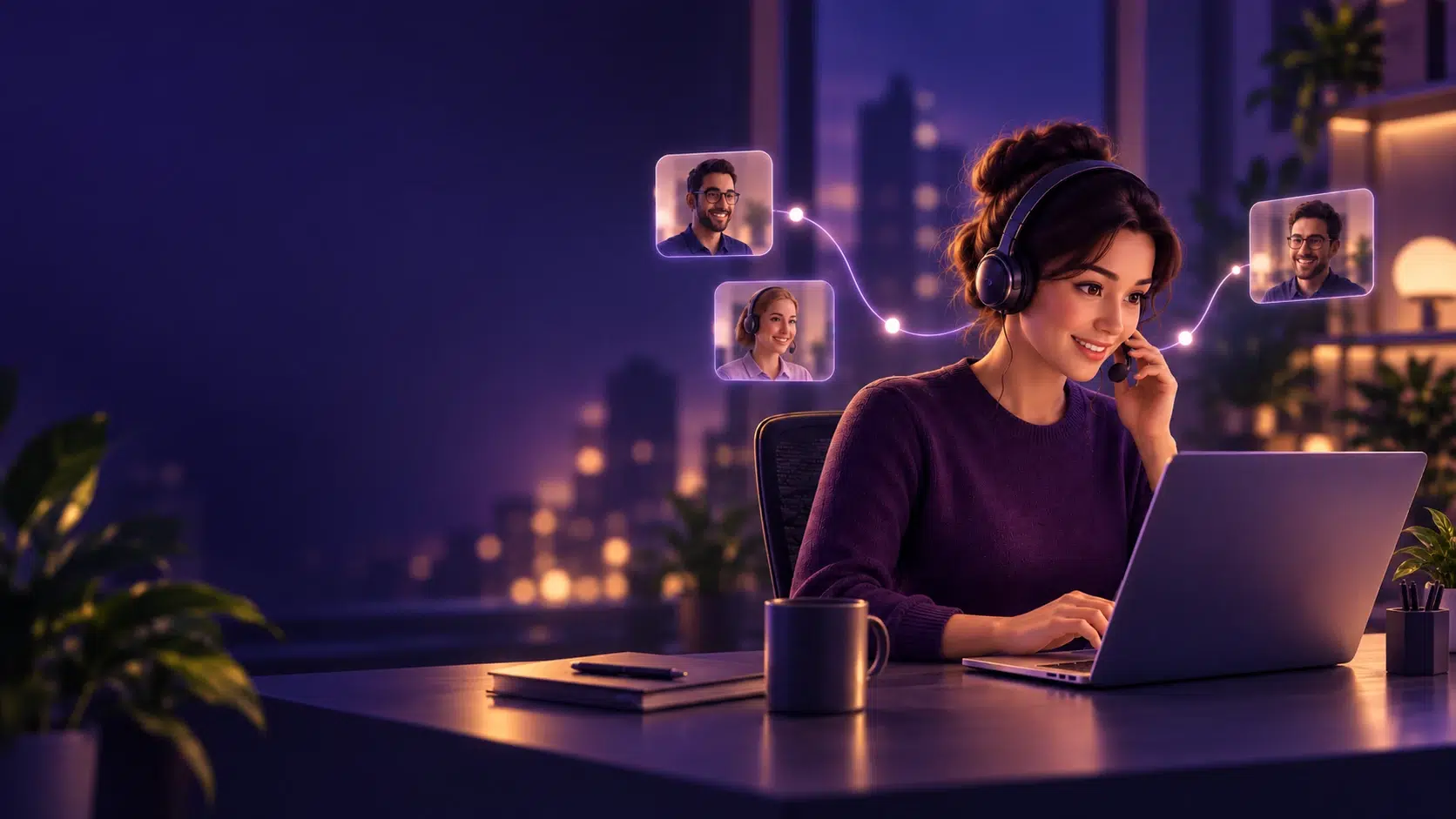 Conceptual illustration of a headset-wearing agent speaking with a prospect from a remote workspace.