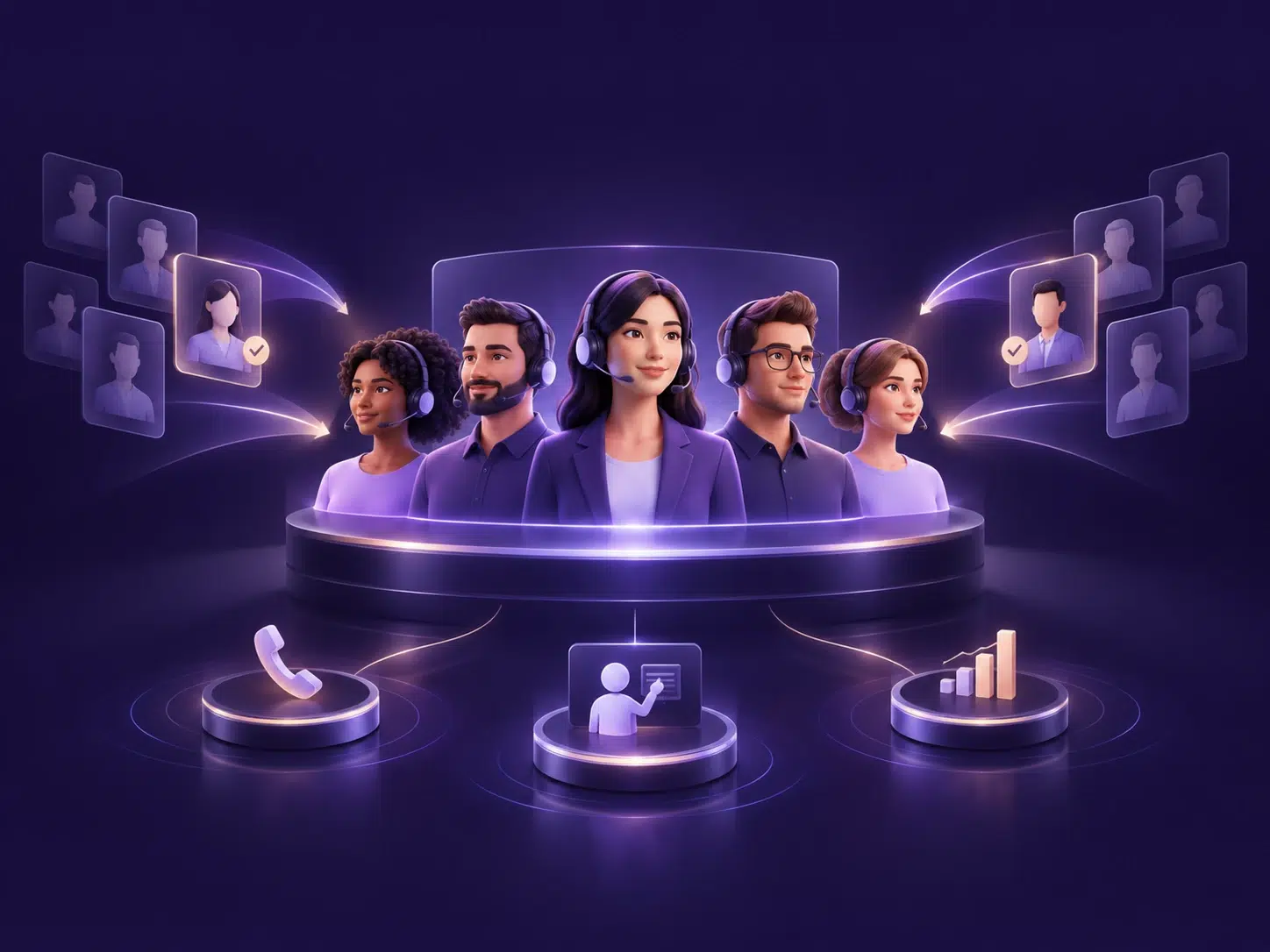 Conceptual illustration of five selected remote appointment setters with symbols for telephony, coaching and reporting; not actual client employees.