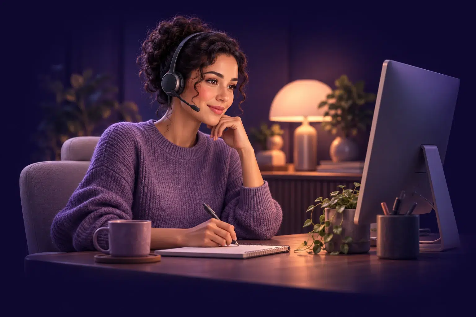 Illustration of a headset-wearing customer service agent taking notes at a remote workspace