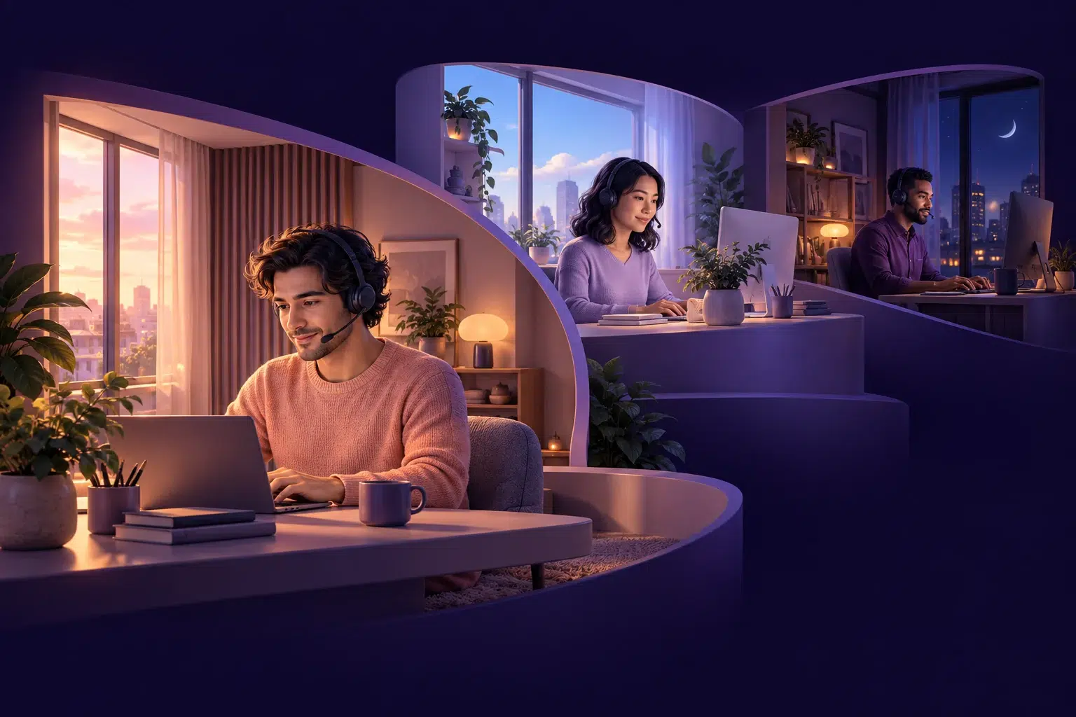 Conceptual illustration of three remote customer service agents working across morning, daytime and evening service windows