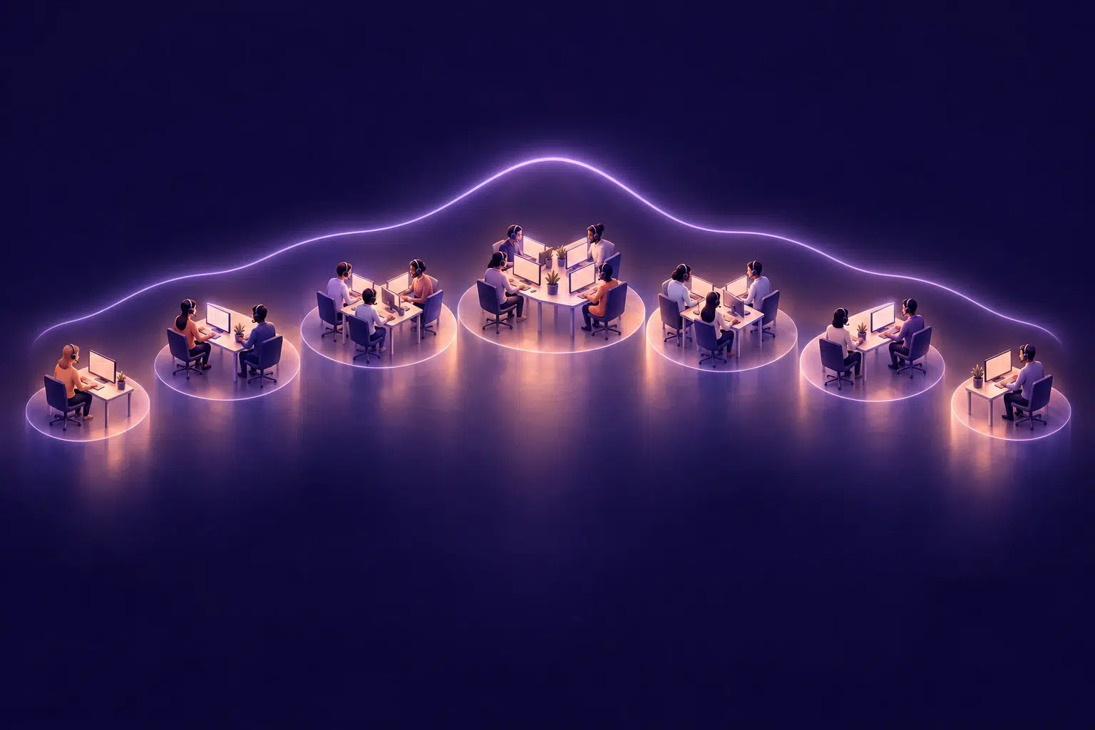 Illustration of a service team whose size grows and shrinks with incoming customer demand across a week