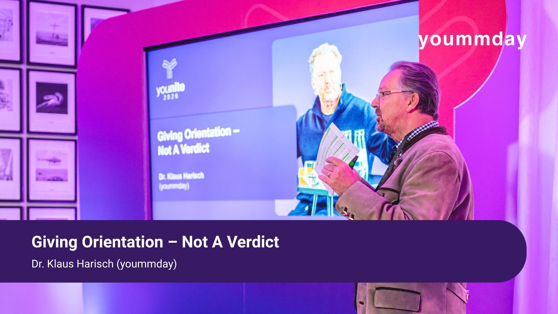 Dr. Klaus Harisch, Co-CEO of yoummday, presenting “Giving Orientation – Not A Verdict” at younite 2026